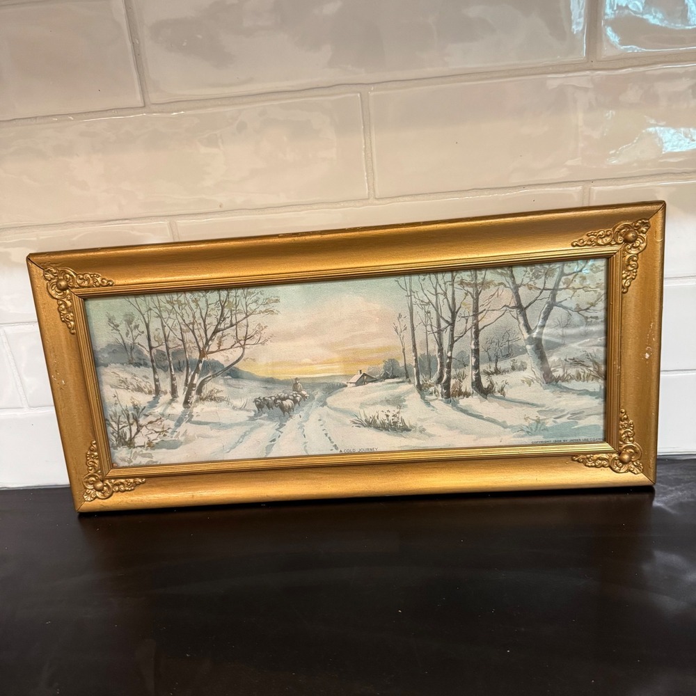 James Lee Co Framed Lithograph 1906 Gold A Cold Journey Winter Sheep Art 19x8.5